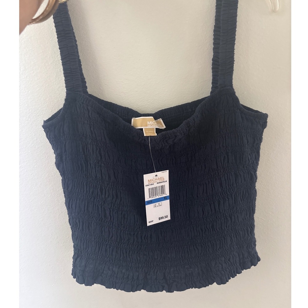 Michael Kors Midnight Blue Smocked Square Neck Tank Top XL QT64114EU2